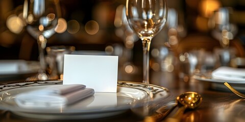 Elegant fine dining table setting with blank invitation card mockup. Concept Fine Dining, Table Setting, Elegant Decor, Invitation Card Mockup