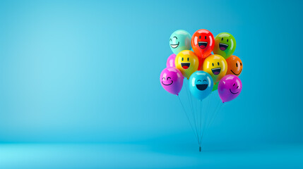 ballons à l'hélium avec des émoticônes dessus sur un fond bleu