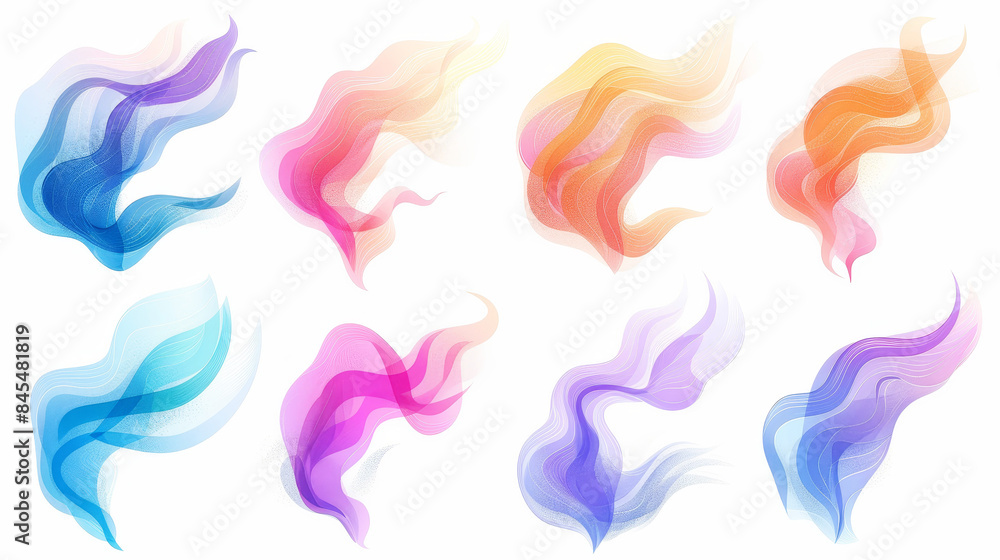 Wall mural set of vibrant gradient lines in fluid shapes on a white background