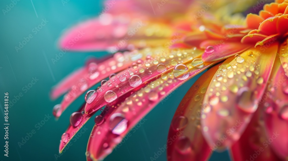 Poster macro shot of raindrops cascading off the vibrant petals of a gerbera daisy after a refreshing showe