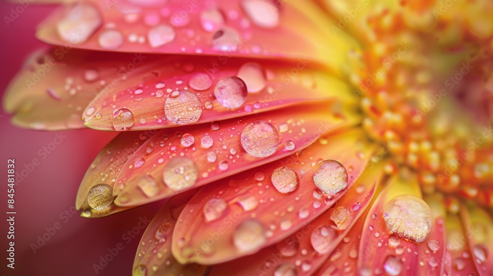 Poster macro shot of raindrops cascading off the vibrant petals of a gerbera daisy after a refreshing showe