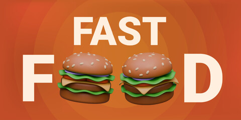 Creative fast food ad with text and realistic burgers. Color horizontal sign