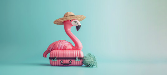 Summer vacation concept with suitcase, straw hat, and inflatable flamingo