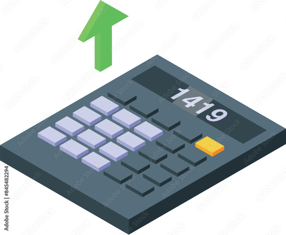 Poster calculator displaying increasing numbers with green arrow pointing up symbolizing business success