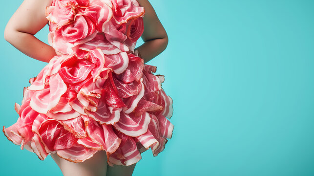 a plus-sized woman confidently wearing a dress made entirely of slices of meat. The dress should be artistically designed to include various types of meat