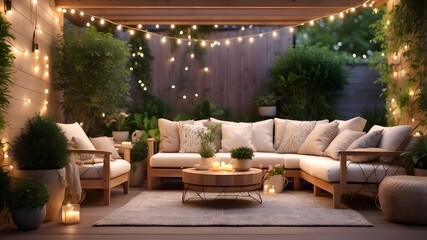 A cozy patio with string lights in the backyard. Garden Outside Leisure. An inviting patio that is furnished with cozy chairs, string lights, and lush vegetation to create a tranquil atmosphere for su