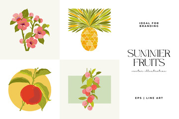 Fruits abstract elements. Food and healsy composition. Modern trendy Matisse minimal style. Fruits poster, invite. Vector arrangements for greeting card or invitation design