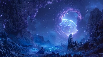 Obraz premium Neon Dreams, Surreal Technology Landscape with Futuristic Elements and Vibrant Blue Lighting