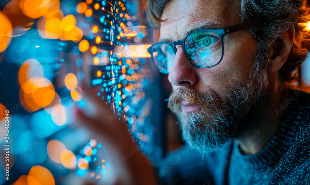Poster biometric data engineer accessing secure server room with fingerprint, data center cybersecurity, in