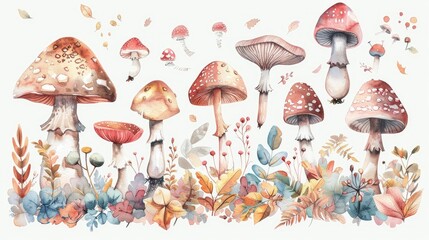 Different types of mushrooms, botanical watercolor illustration on white background