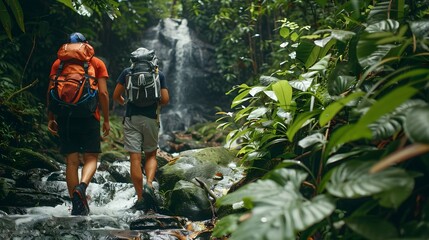 Backpackers Discovering Lush Rainforest Waterfalls on Scenic Hiking Trail