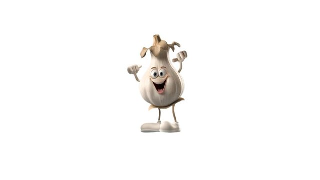 Garlic character, equipped with arms, legs, a face, and eyes, dances like a human. The image, generated by AI, is developed into a video clip using JavaScript code and editing programs, alpha channel.