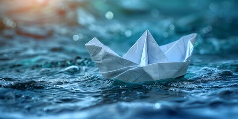 White origami boat sailing on water in natural light