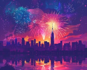 Fototapeta premium Fireworks exploding over a beautiful city skyline flat design top view Independence Day celebration theme water color vibrant