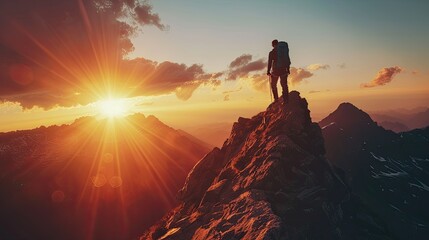 Fototapeta premium winner leader concept man success hiking on the peak of rocks mountain