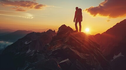 Fototapeta premium winner leader concept man success hiking on the peak of rocks mountain