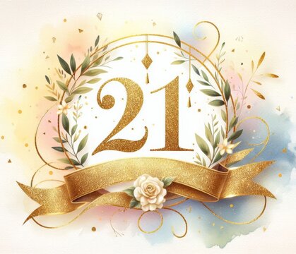Elegant 21st birthday celebration with golden floral wreath and pastel watercolor background.