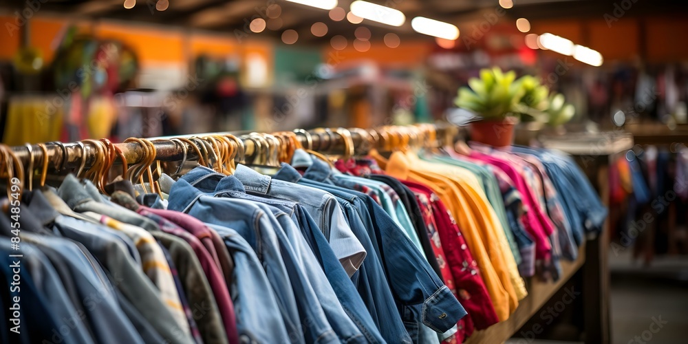 Wall mural thrift store with gently used clothing for sale blurry background. concept thrift store, gently used