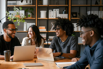 Fototapeta premium Diverse business people having a team meeting in an office. Group of happy business professionals sitting around a table and having a discussion. Generative AI