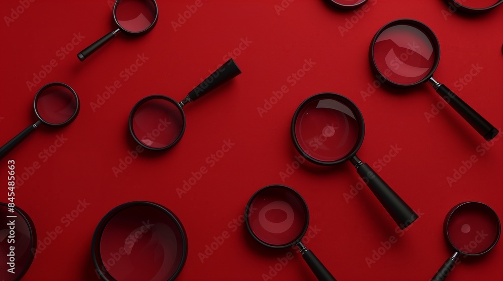 Poster gleaming black magnifying glasses arranged in an aesthetically pleasing pattern on a red background.