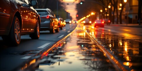 Reflecting the evening rush hour traffic jam with cars' headlights in the rearview mirror. Concept Urban Night Photography, Long Exposure Shots, Traffic Jams, City Lights, Rearview Mirror Reflections