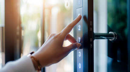 Closeup of woman finger entering password code on the smart digital touch screen keypad entry door lock 