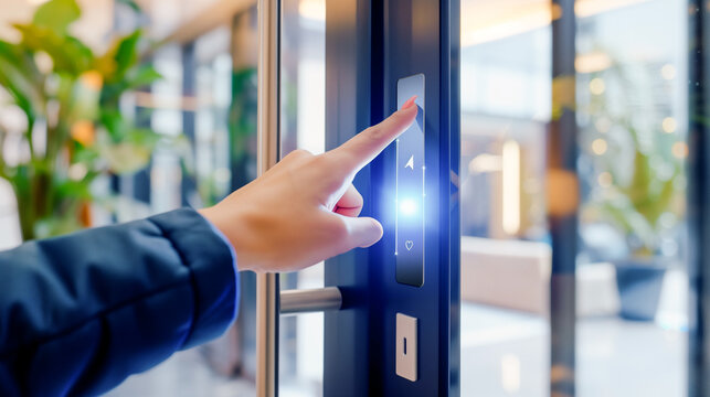 A woman is pointing at a digital keypad on a door. The woman is likely trying to enter a code or access a room