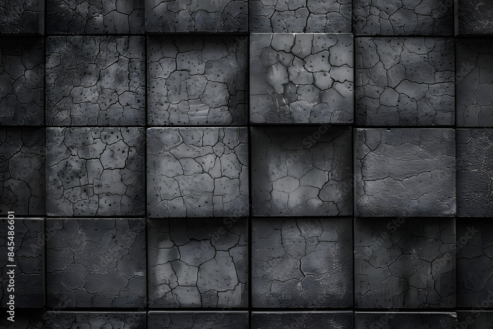 Poster a black and white photo of a wall made of gray blocks. the blocks are arranged in a grid pattern, wi