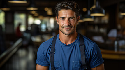 Isolated against a background, a content young cleaner in casual attire