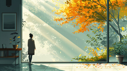 Fototapeta premium A woman is standing in front of a window looking out at a tree with leaves