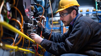 A Technician performing maintenance and inspection on an air compressor.