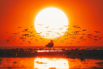the abstract vision of countless birds flying over a beach at sunset, set against a backdrop of an orange sky and a majestic, setting sun.
