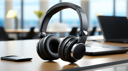 Isolated on a background, customer service headsets at an office desk