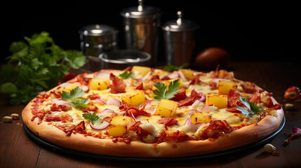 Pizza Hawaii set off against a background