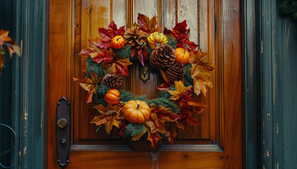 A wreath of pumpkins and leaves is hanging on a wooden door