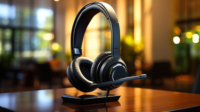 Isolated on a background, customer service headsets at an office desk