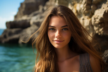 Fototapeta premium Generative AI image of smiling tourist at the beach enjoying sunny weather near the ocean natural and relaxed lifestyle