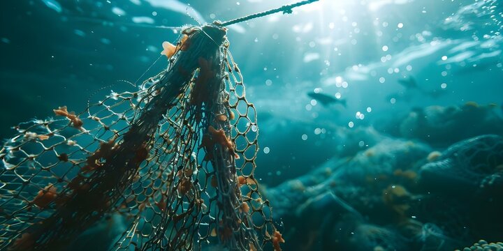 The detrimental impact of abandoned fishing nets on marine life and ecosystems. Concept Marine Pollution, Ghost Fishing, Ecosystem Degradation, Sustainable Fishing Practices