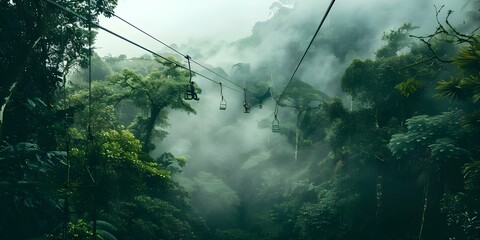 Experience thrilling Costa Rican ziplining through misty rainforest canopy on nature excursions. Concept Costa Rica, Ziplining, Rainforest Canopy, Nature Excursions, Thrilling Adventure