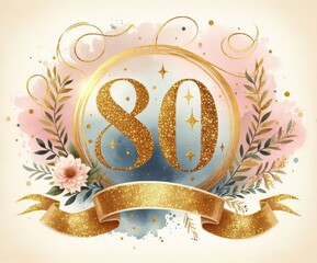 Elegant 80th birthday celebration design with golden glitter, floral elements, and a festive ribbon.