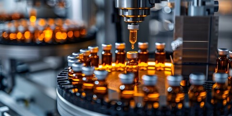 Capturing the Production Process of a Pharmaceutical Factory Filling Glass Ampoules with Medication. Concept Pharmaceutical Factory, Production Process, Filling Ampoules, Medication, Glass Ampoules