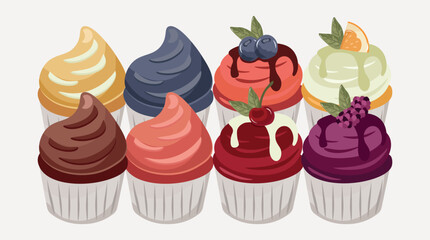 Set of strawberry, cherry, lemon, blackberry flavored cupcakes. Bakery concept, sweets. Vector illustration
