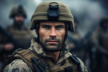 Fototapeta premium Generative ai photo of soldiers in combat gear against the background of military equipment