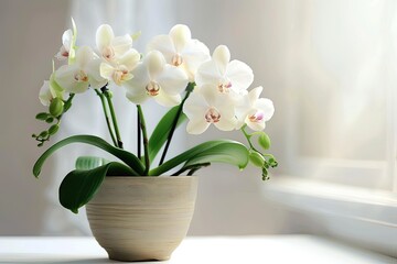 An orchid plant in a pot positioned near a window