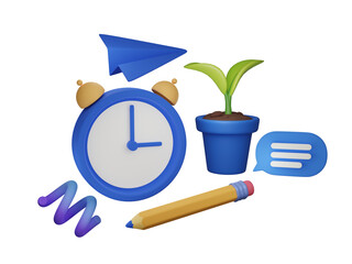 3D icons of a clock, paper plane, plant, pencil, and chat bubble on a transparent background.