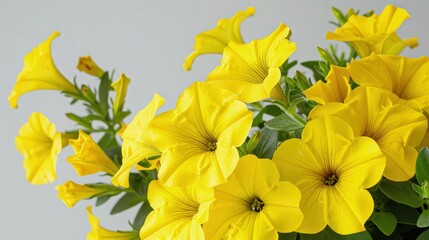 Obraz premium A cluster of bright yellow Petunia flowers set against a pale grey background, providing a subtle yet cheerful backdrop that allows the colors to pop and catch the viewera??s attention.