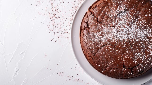 Simple chocolate cake on white background with space Overhead view Beloved treat with cocoa