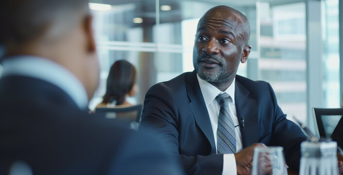 A pivotal moment in corporate strategy, an African American businessman stands at the center of a sleek boardroom, commanding attention in a high-level meeting