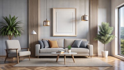 Frame mockup, ISO A paper size. Living room wall poster mockup.  Modern interior design. 3D render