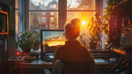 Naklejka premium A woman sits at a desk with a computer monitor in front of her